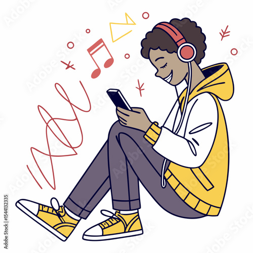 Happy young person listening to music on smartphone