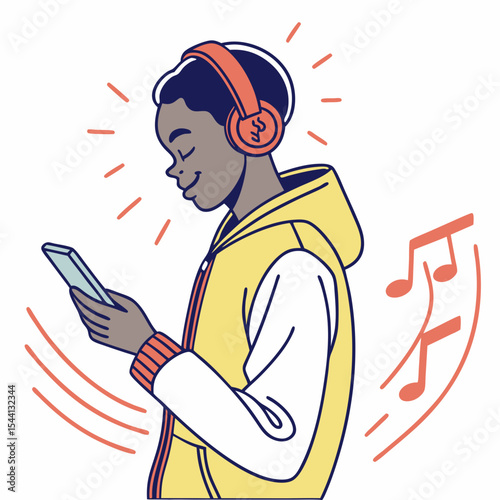 Teenager listening to music on headphones using smartphone