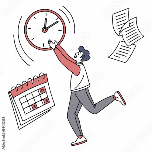 Man catching time clock managing schedule and documents
