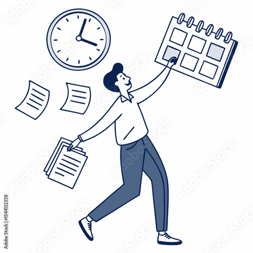 Busy man juggling work schedule documents time management