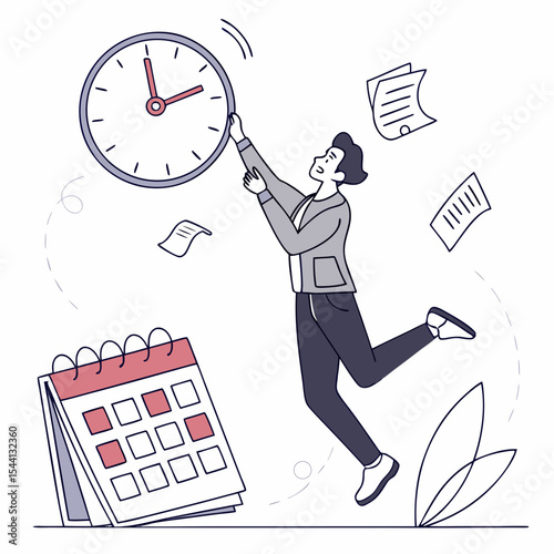 Businessman catching clock time management concept illustration