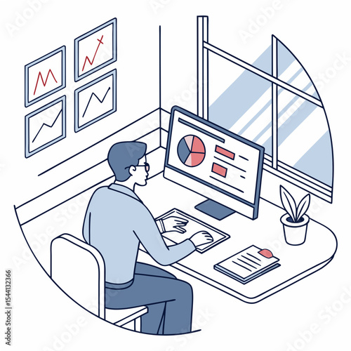 Professional businessman working on computer with charts and graphs on transparent background