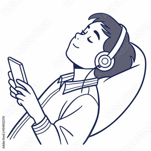 Relaxed person listening to music on headphones using smartphone