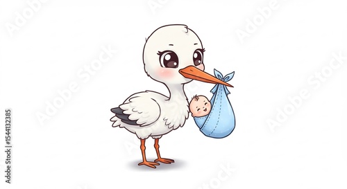 Adorable stork gently carries newborn baby in soft light. AI Generated
