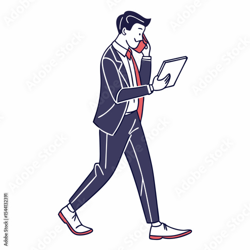 Businessman walking talking phone tablet digital device