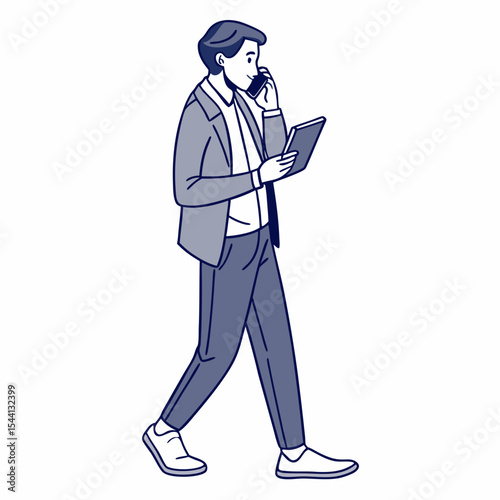 Businessman walking talking phone tablet digital device