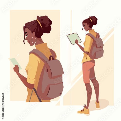 Young woman traveler with backpack using map and tablet