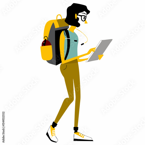 Young woman backpacker using tablet digital nomad travel
