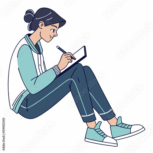 Young woman sitting cross legged using tablet stylus