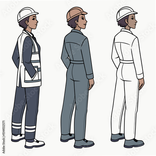 Three professional female construction workers, isolated cutouts, transparent background