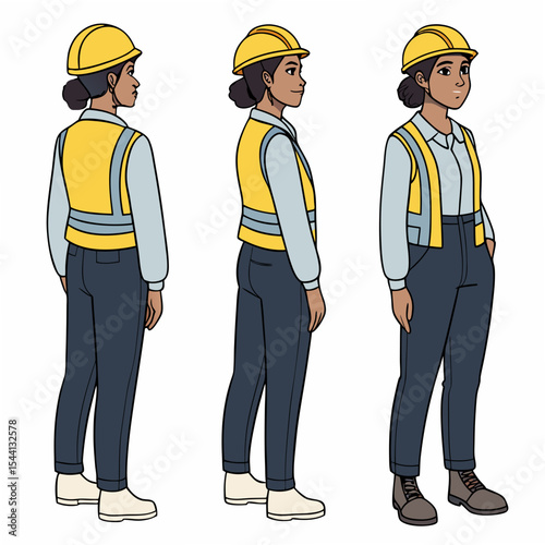 Three views professional female construction worker illustration transparent background