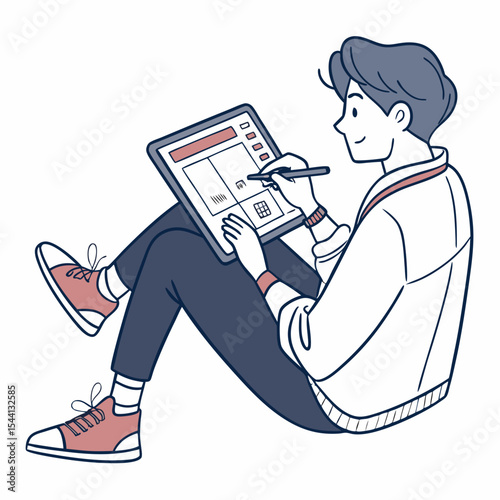 Young man using stylus on tablet digital art design