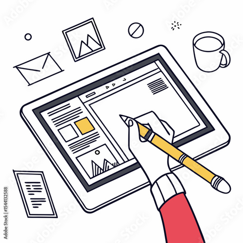 Hand using stylus on tablet designing website layout