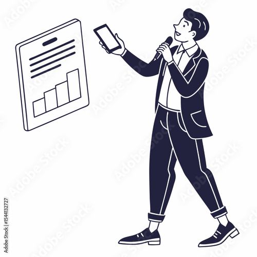 Professional businessman giving presentation with smartphone and chart on transparent background