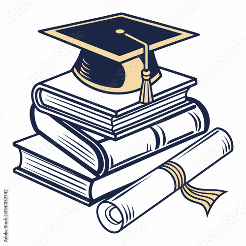 Graduation cap atop stack of books and diploma scroll