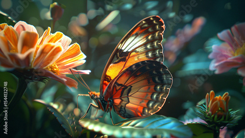 Closeup of butterfly on flower in colorful natural environment