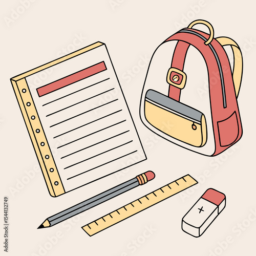 Back to school supplies backpack notebook pencil ruler eraser