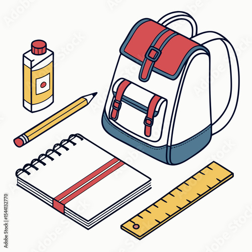 Back to school supplies backpack notebook pencil glue ruler