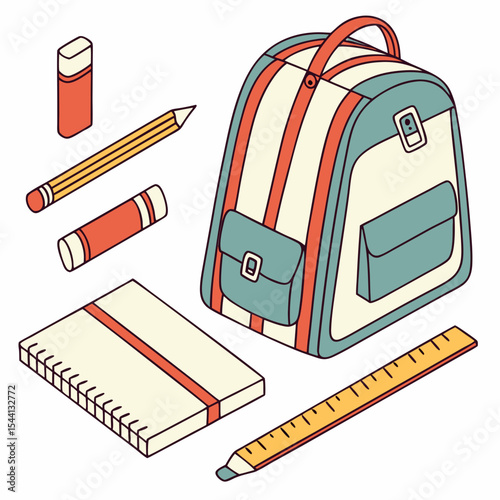 Back to school supplies backpack pencil eraser notebook ruler