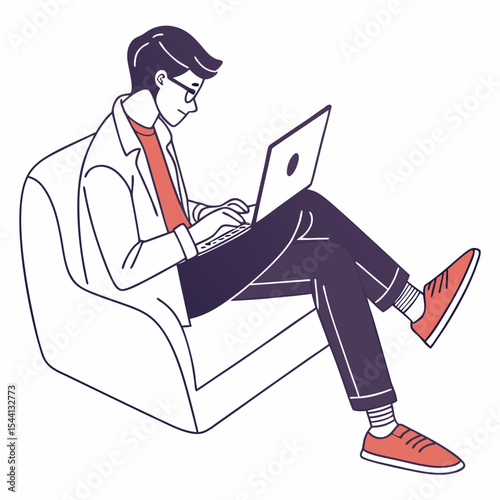 Young man working on laptop comfortable armchair relaxed pose