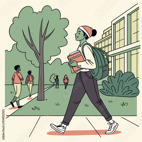 Happy student walking to class on campus carrying books
