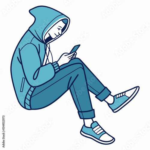 Young person in hoodie using smartphone sitting cross legged