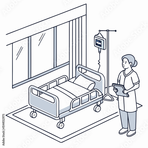 Hospital room isometric illustration nurse patient bed iv drip medical care healthcare