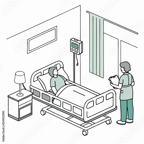 Hospital room isometric illustration patient nurse healthcare medical