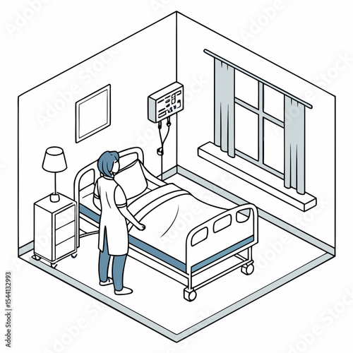 Isometric illustration hospital room patient bed nurse