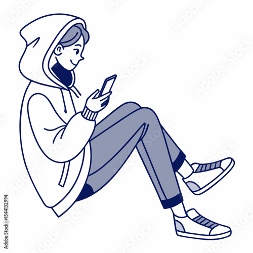 Young person in hoodie using smartphone sitting floor