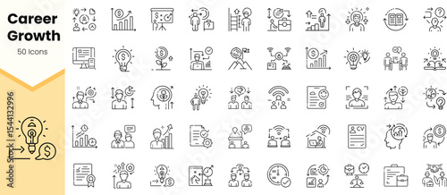 A diverse collection of line icons representing various aspects of career growth, including teamwork, skills, and financial success in a modern workplace setting.