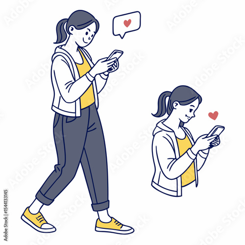 Young woman walking using smartphone social media likes