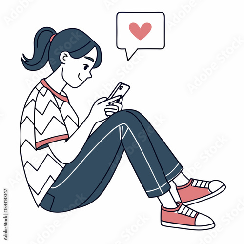 Young woman sitting floor using smartphone happy love heart