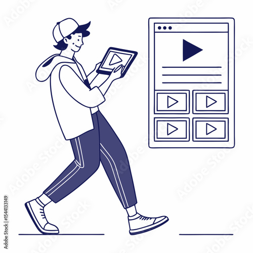 Young man walking using tablet streaming videos online