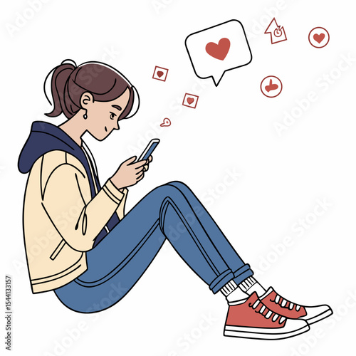 Young woman using smartphone receiving many likes and hearts social media notifications