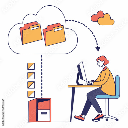 Person working on computer with cloud data transfer illustration