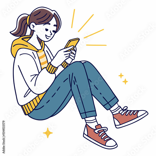 Happy girl sitting using smartphone social media