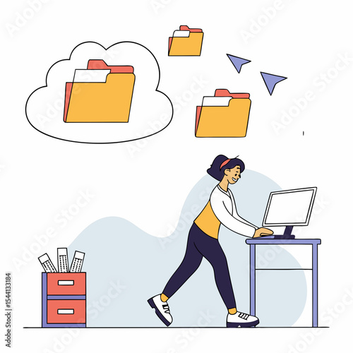 Woman working on computer with cloud data transfer illustration