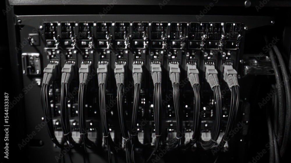 Fototapeta premium Close-up of server rack, dark & technical