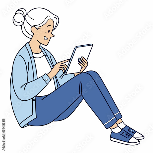 Senior woman using tablet computer sitting floor clean cutout illustration