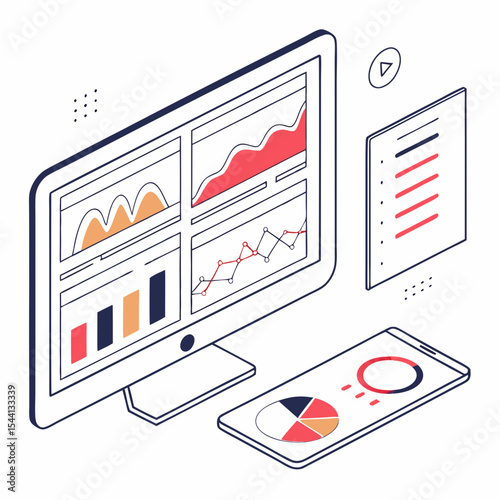 Data analysis dashboard showing charts graphs and reports on computer screen and mobile phone