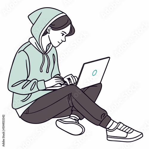 Young person in hoodie using laptop computer sitting on floor