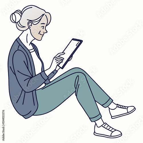 Senior woman sitting comfortably using tablet digital device technology