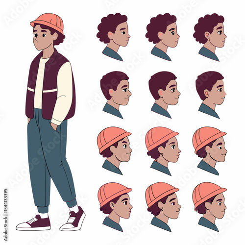 Young male character design sheet multiple angles casual outfit