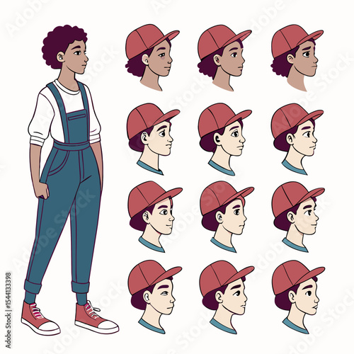 Cartoon boy character sheet diverse poses head turns animation