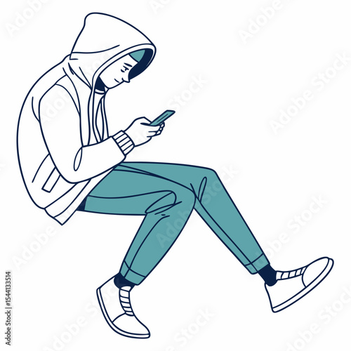 Young person in hoodie using smartphone sitting sideways