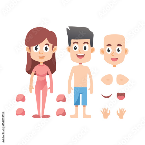 Cartoon boy girl body parts cutout set png transparent background