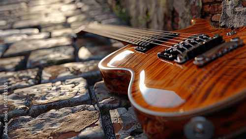 Electric guitar resting on cobblestone surface outdoors