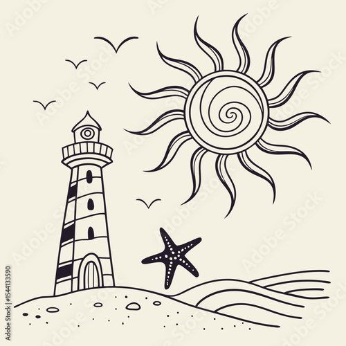 Lighthouse seascape sunny day starfish beach ocean birds summer