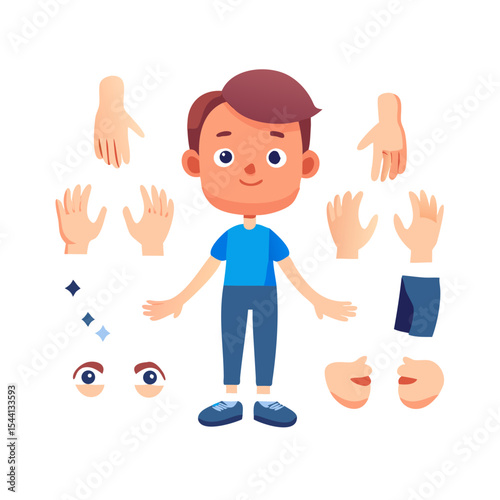 Cartoon boy character cutout with separate body parts on white background